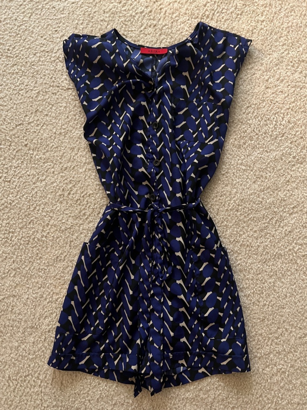 AKIRA Navy Blue and White Patterned Sleeveless Romper